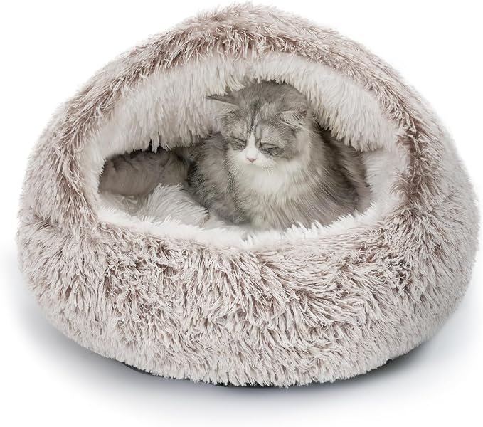 CATISM Plush Hooded Cat Bed, Calming Nest, Self-Warming Cave, Cozy Pod by Petsfriend