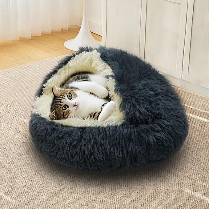 ShinHye Cat Bed Round Plush Fluffy Hooded Cat Bed Cave, Cozy - Image 4