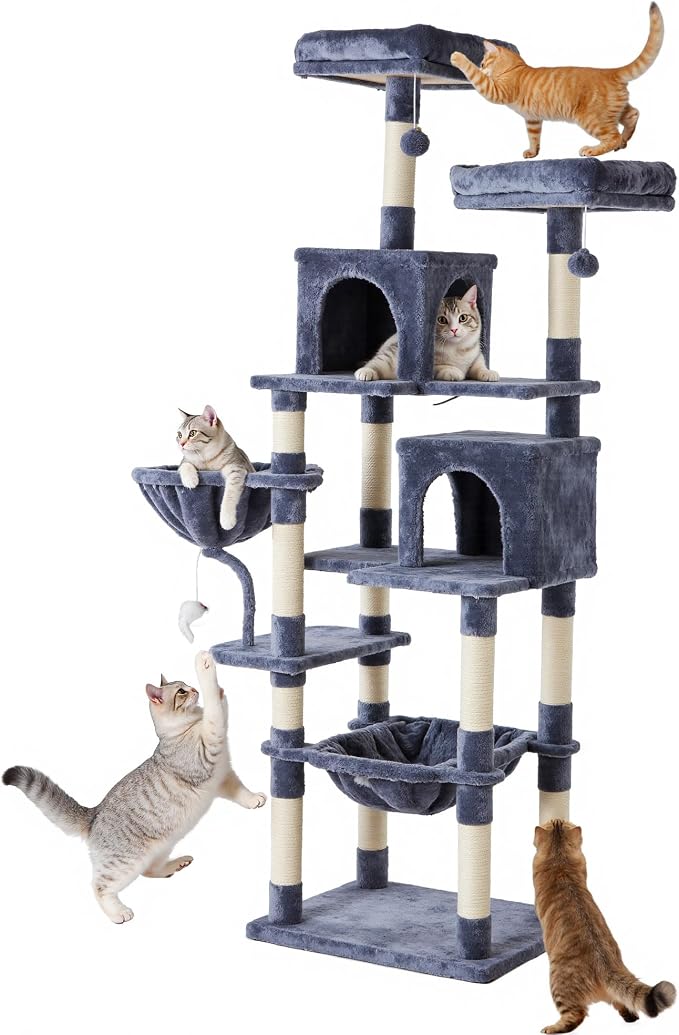 Large Cat Tree 71 Inch, Sisal Scratching Posts and Hammock, Pet Play House by Aidoly
