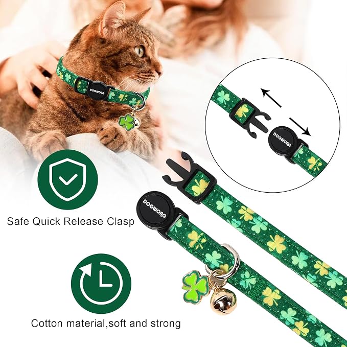 2 Pack St.Patrick's Day Kitten Collars, DOGWONG Cute Shamrock Breakaway Kitty - Image 3