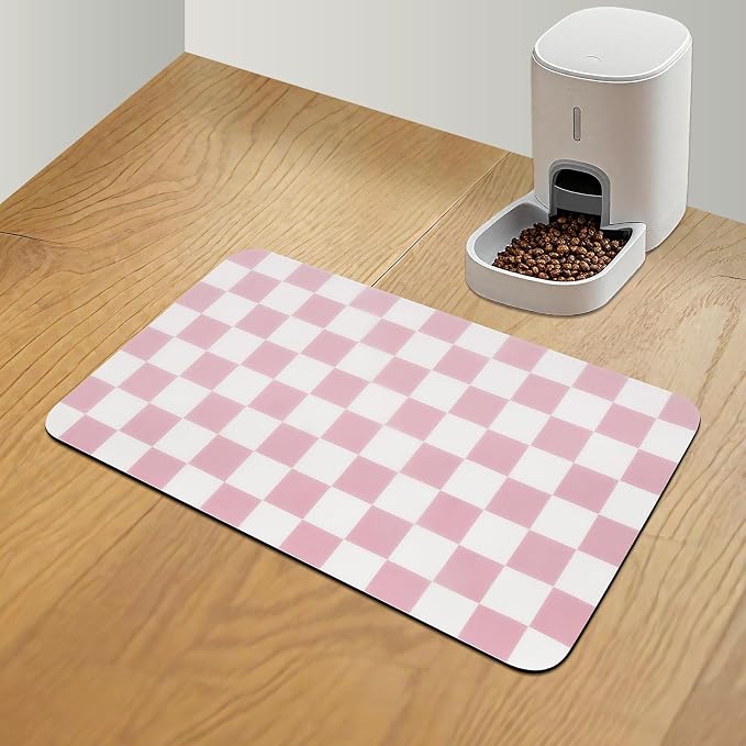 Checkered Dog Food Mat, Absorbent Leak-Proof Pet Feeding Mat, Quick Dry Cat by CooRug