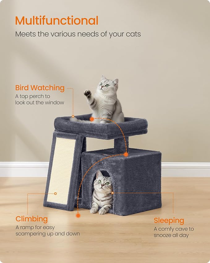 Feandrea Small Cat Tree, Cat Tower Condo, Scratching Ramp, Large Top Perch - Image 3