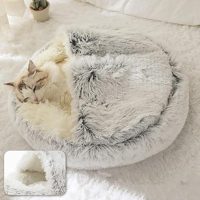 ShinHye Cat Bed Round Plush Fluffy Hooded Cat Bed Cave, Cozy - Image 4