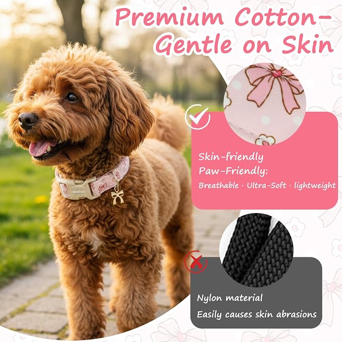 Pink Bow Dog Collar with Flower, Adjustable Cotton Puppy Collar, Cute Girl Boy - Image 4