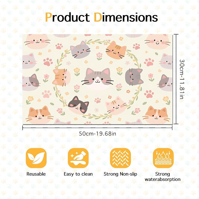 Cat Feedings Mats 20x12 inch Beige Cat Print Pet Bowl Placemat Non Slip Mat - Image 6