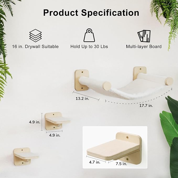 FUKUMARU Cat Wall Hammock with Two Steps Set, Modern Cat Climbing Shelves - Image 5