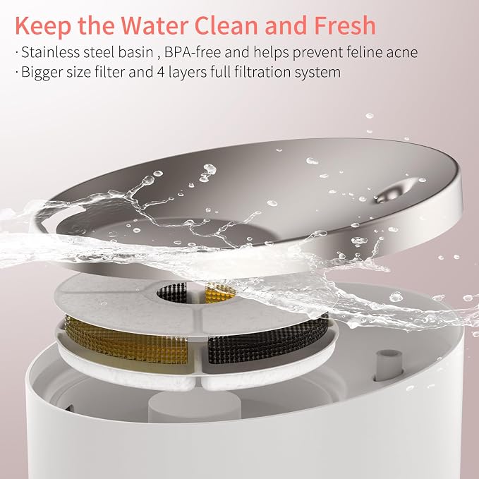 beQ Cat Water Fountain, 2.5L/84oz Inside Ultra-Quiet Stainless Steel Automatic - Image 2