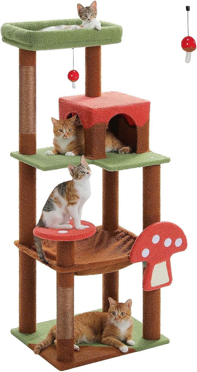 Mushroom Cat Tree Tower with Removable Scratcher, Large Hammock, 3 Sisal Posts by MUTTROS