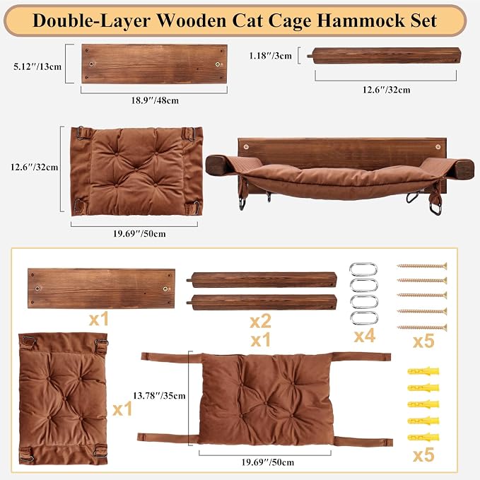 JSPYFITS Wooden Cat Wall Hammock, 18.9 x 12.6 Inch Double Layer Cat Furniture - Image 4