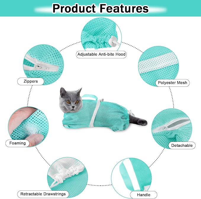 JULMELON Cat Washing Bag 10 PCS Set, Adjustable Cat Shower Net Bag and Pet - Image 3