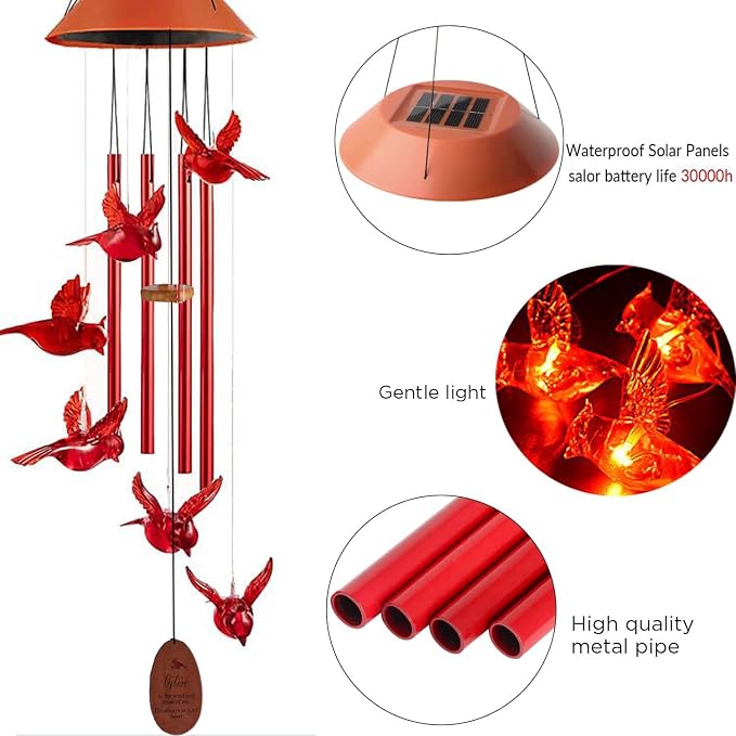 Solar Cardinal Wind Chimes Outdoor Solar Lights Cardinal Red Bird Windchimes - Image 4