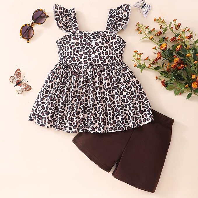 Toddler Baby Girls Summer Clothes Outfits Ruffled Sleeve Dinosaur Shirt Leopard - Image 2