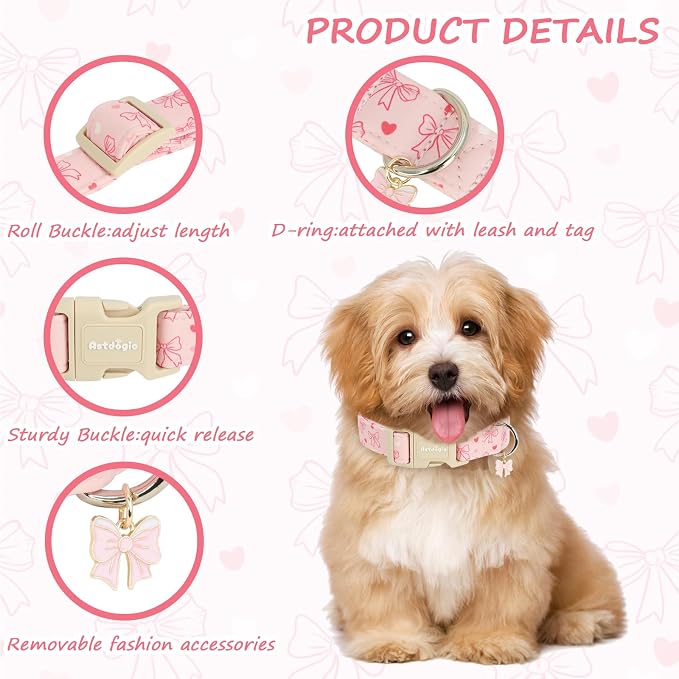 Pink Bow Dog Collar, Adjustable Cotton Dog Collar - Image 3