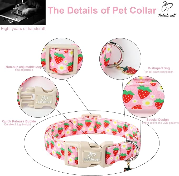 Cute Spring/Summer Dog Collar, Adjustable Pink Strawberry Dog Collars - Image 4