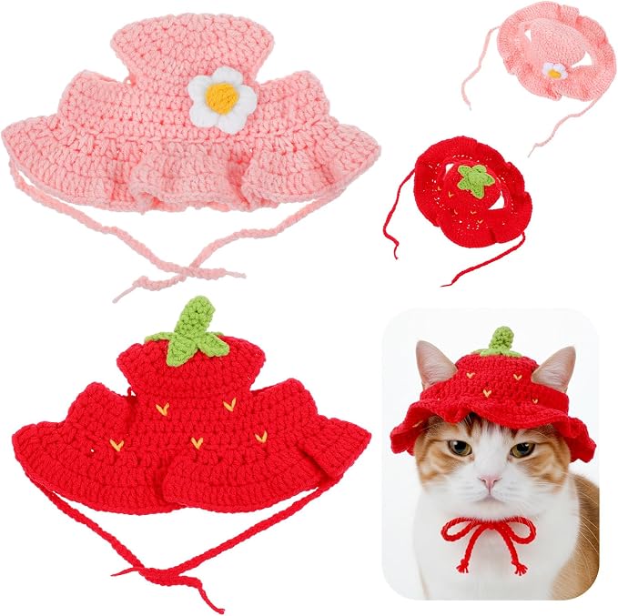 2PCS Strawberry Cat Hats Cute Flower Crochet Hats by Unknown