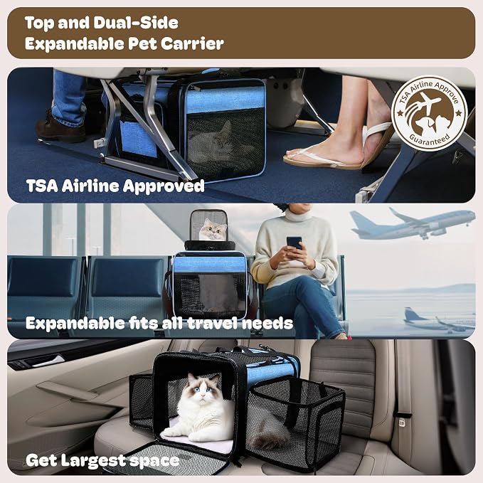 Top and 2 Sides Expandable Cat Carrier 18x11x11, TSA Airline Approved Dog - Image 2