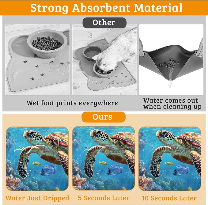 Sea Turtle Dog Cat Food Mat, Colorful Coral Absorbent Waterproof Placemat - Image 3