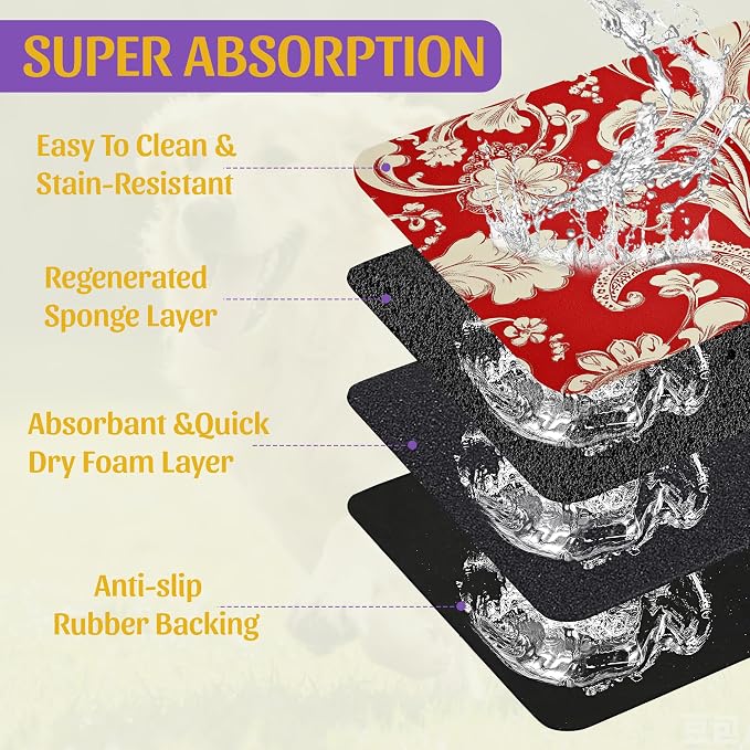 Red White Paisley Pet Food Mat, Absorbent Feeding Pad - Image 3
