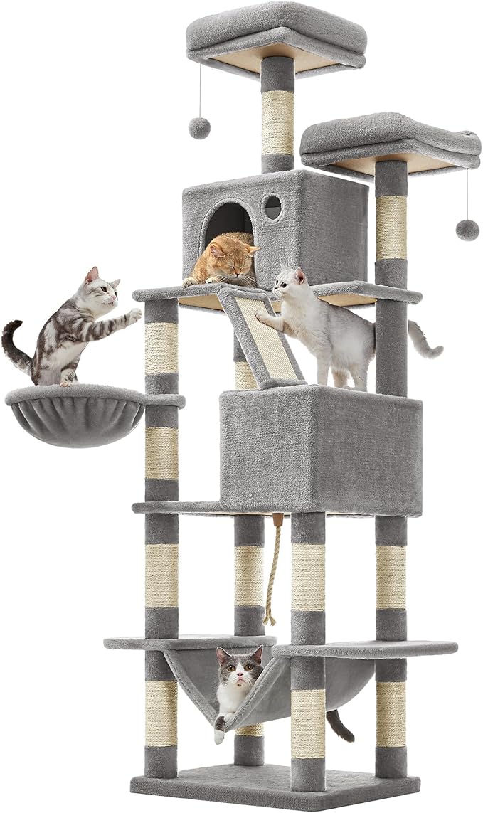 Feandrea Cat Tree, 81.1-Inch Large Cat Tower, 2 Perches, 2 Caves, Light Gray by FeandreabySONGMICSHOME