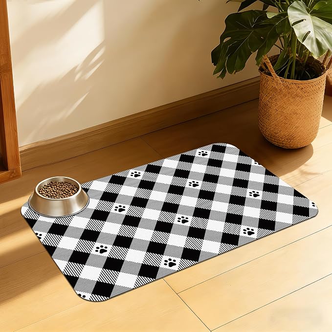 Cat Checked Plaid Dog Cat Food Mat, Absorbent Feeding Mat by QSOQSO