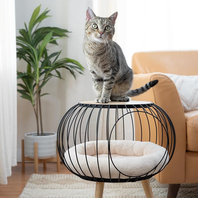 Kitty City Modern Cat Bed with Wooden Side Table, Elevated Indoor Cat Lounge - Image 4