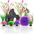 10pcs Aquarium Artificial Plastic Plants Decorations and Rock Cave Decor Set by QUOZUO