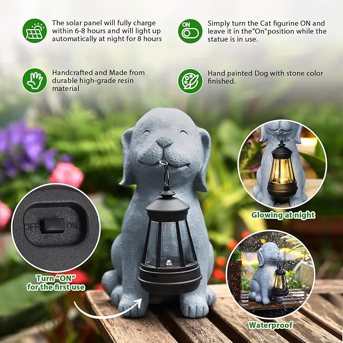 Solar Dog Garden Statue with Lantern, Outdoor Waterproof Dog Figurine Decor - Image 4