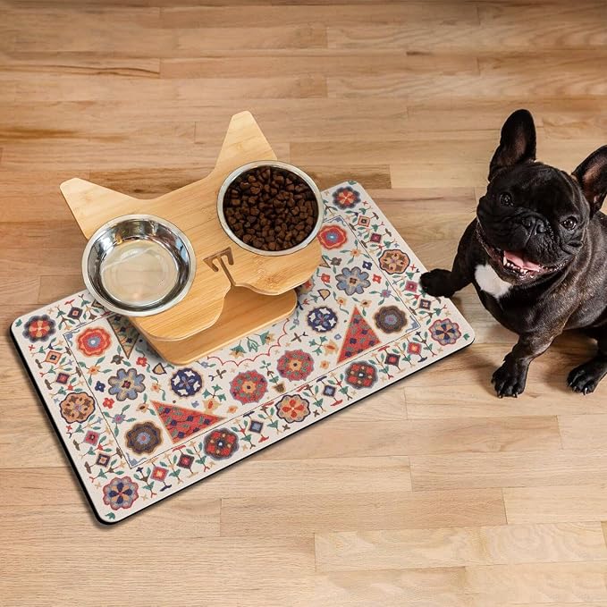 Moroccan Trellis Dog Food & Water Mat, Boho Colorful Vintage Pet Feeding Mat - Image 3