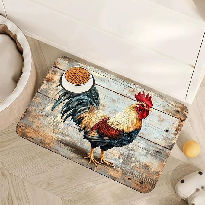 Rooster Dog Food Mat for Floors, Vintage Wood Panel Absorbent Quick-Dry Pet by Unknown