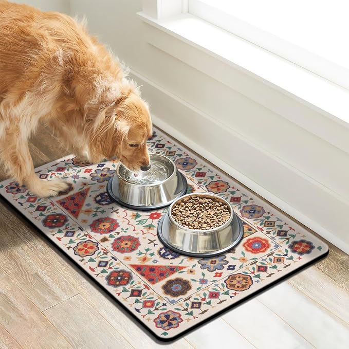 Moroccan Trellis Dog Food & Water Mat, Boho Colorful Vintage Pet Feeding Mat - Image 3