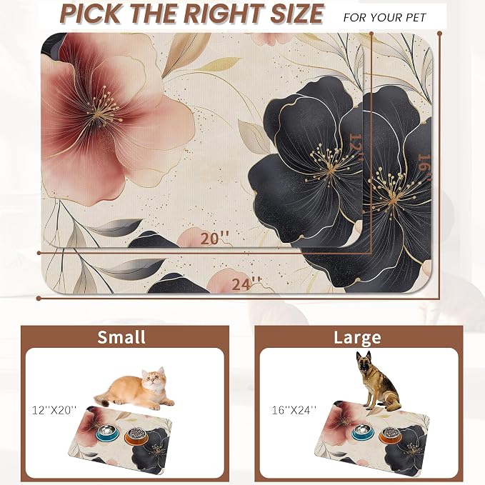 Pink Floral Pet Feeding Mat, Boho Flower Absorbent Quick-Dry Cat Dog Food and - Image 2