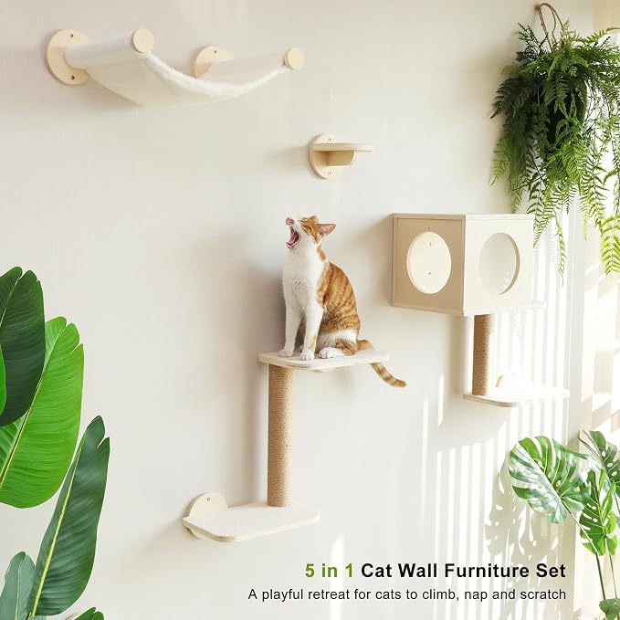 FUKUMARU Cat Wall Shelves, 5-Piece Stable Wooden Wall-Mounted Furniture Set - Image 3