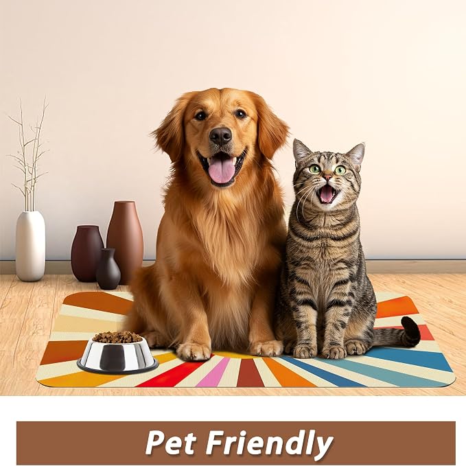 Retro 70s Rainbow Sunrise Swirl Dog Cat Food Mat, Absorbent Pet Feeding Mat - Image 6