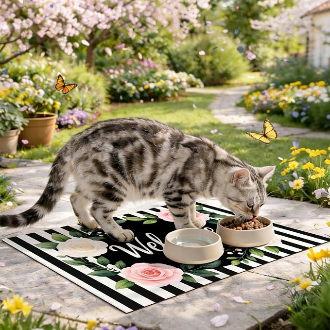 Pet Feeding Mat 24" x 16" Floral Stripe Welcome Design Non Slip Dog Food Mat - Image 8