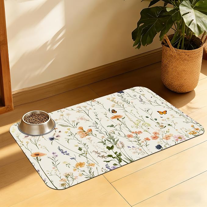 Vintage Wildflowers Herbs Pet Feeding Mat, Absorbent Bowl Pad, Quick Dry by QSOQSO