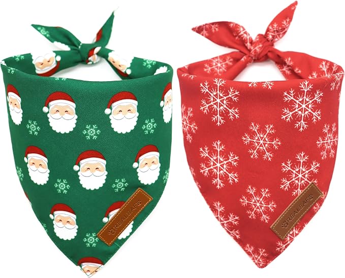Realeaf Christmas Dog Bandanas 2 Pack, Snowflake and Santa Claus Dog Scarf by Realeaf