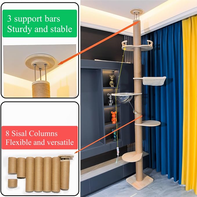 Floor to Ceiling Cat Tree Height Adjustable Cat Tower 5 Tier Hemp Scratching - Image 5