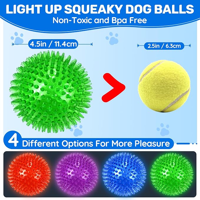 4 Pack 4.5" Light Up Squeaky Dog Balls, Spiky Dog Toy Balls - Image 2