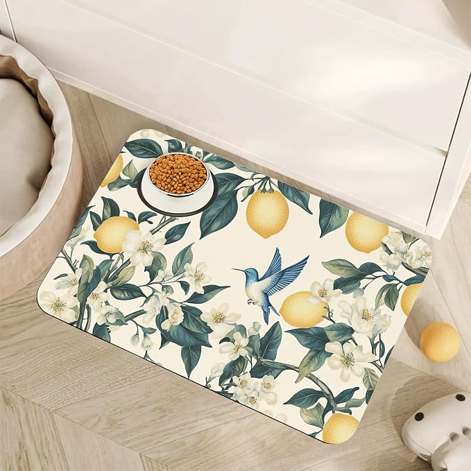 Hummingbird Dog Food Mat for Floors, Vintage Lemon Absorbent Quick-Dry Pet by Unknown