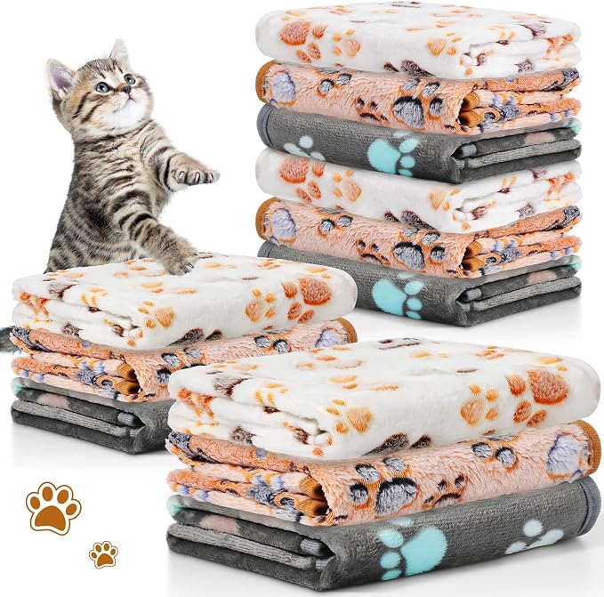 Tegeme 12 Pcs Pet Blankets Soft Fluffy Fleece Dog Cat Warm Paw Print Pattern by Tegeme