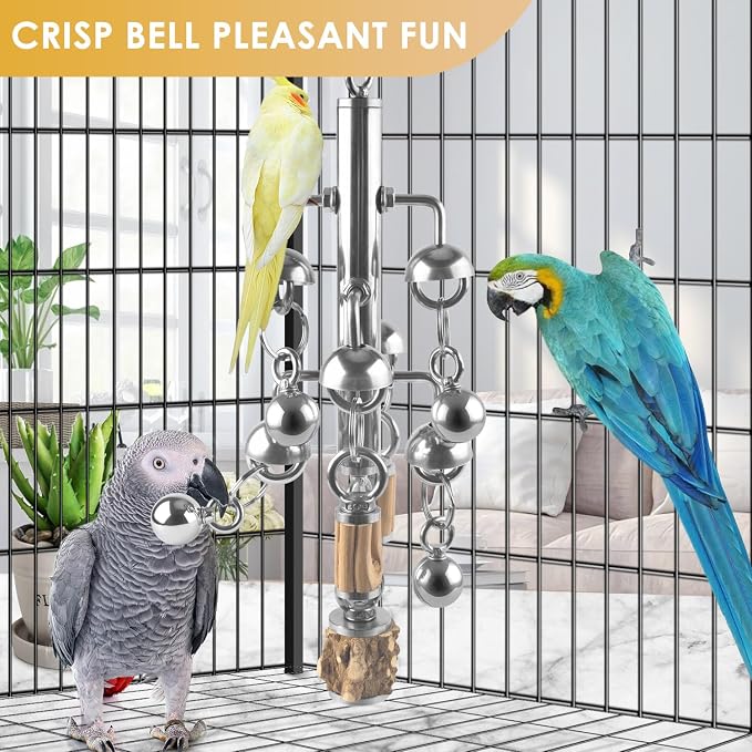 KATUMO Large Bird Toys, Natural Wooden and 304 Stainless Steel Bell Toy - Image 4