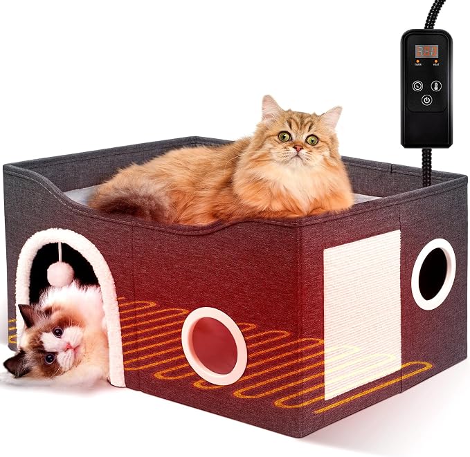 Indoor Heated Cat House, Adjustable Temperature Cat Heating Bed by Heeyoo
