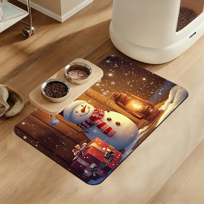 Chirstmas Gifts Dog Cat Food Mat, Cute Snowman Absorbent Waterproof Placemat by LUTASER