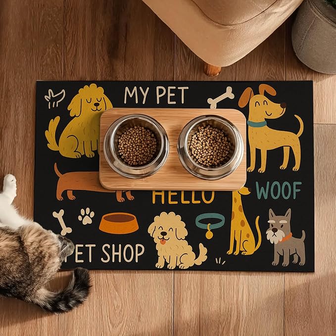 Cute Happy Dog Pattern Design Pet Food Mat 20" x 12" Fun Easy Clean Pet Feeding - Image 5