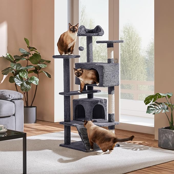 Yaheetech 54in Cat Tree, 2 Cozy Caves, Scratching Posts, Climbing Ladder - Image 2