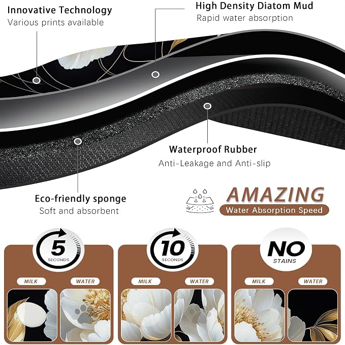 White Flowers Pet Feeding Mat, Glitter BloomingAbsorbent Quick-Dry Cat Dog Food - Image 3