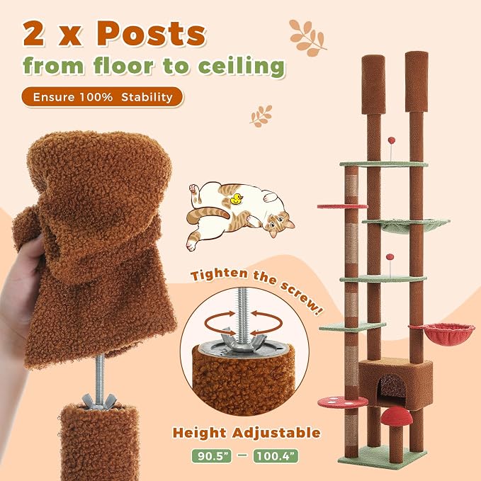 PETEPELA Floor to Ceiling Cat Tree, Adjustable 90.5''-100.4'' Cat Tower - Image 4