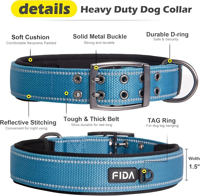 Fida Heavy Duty Dog Collar 1.5” Width, Ultra Soft Neoprene Padded, Adjustable - Image 3
