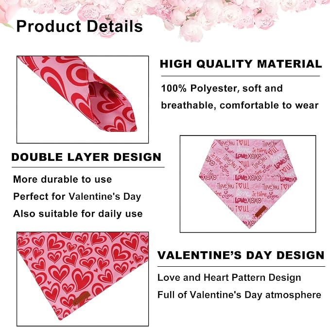 ADOGGYGO Valentine Dog Bandanas 2 Pack, Reversible Heart Love Print Pet Scarf - Image 5