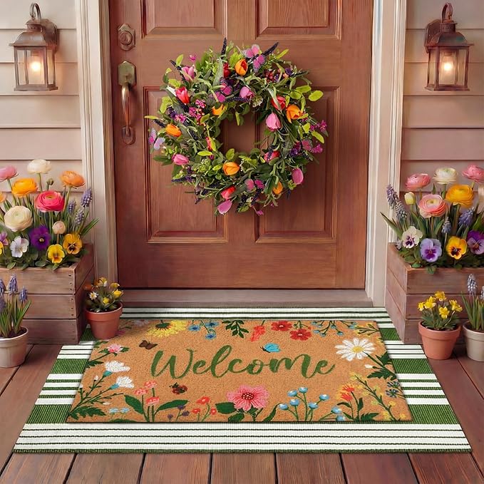 Tinideya 2 Pcs Spring Welcome Door Mat Floral Outdoor Layered Doormats by Tinideya